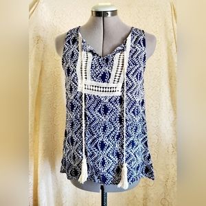 West Kei Tribal Tunic Top Sz Sm crochet fringe tank boho beach bohemian blue